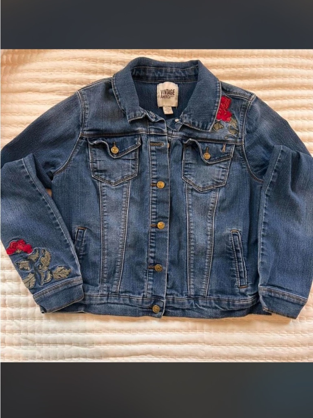 Vintage America Dark Blue Denim Jacket with Red Rose Floral Embroidery